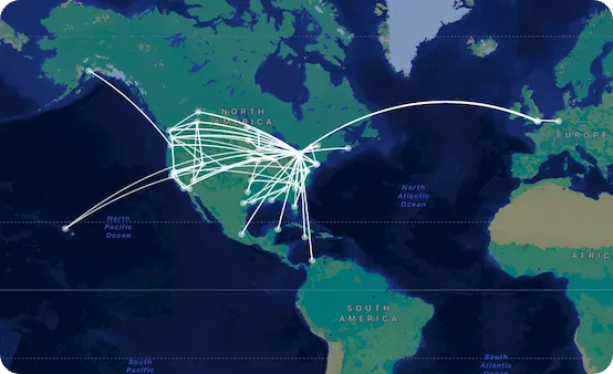 A map displaying various flight routes across North America, extending to Europe and Asia, with lines indicating paths over the Pacific and Atlantic Oceans.